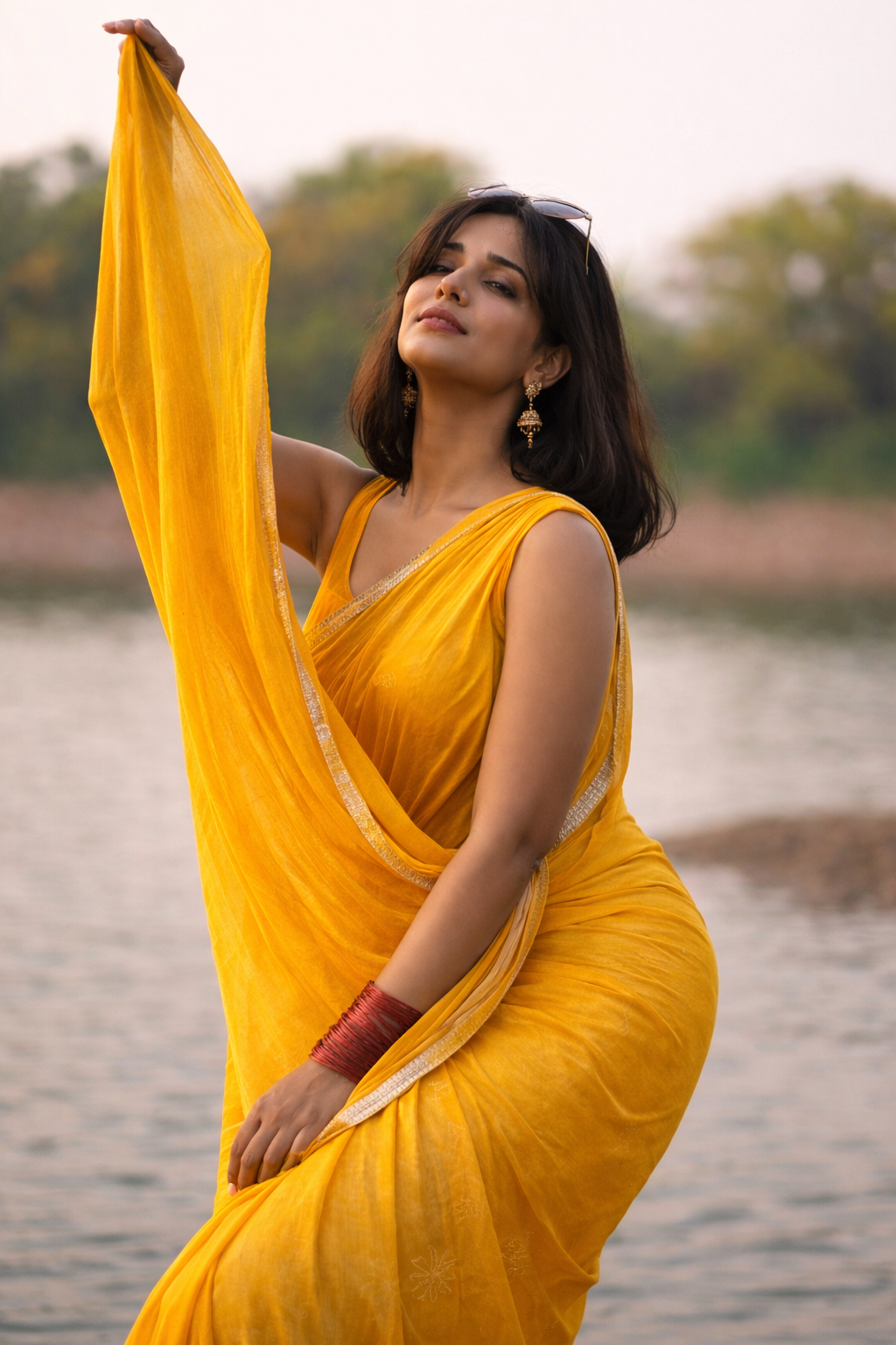 Mustard Yellow Chiffon Saree with Mirror Work Border