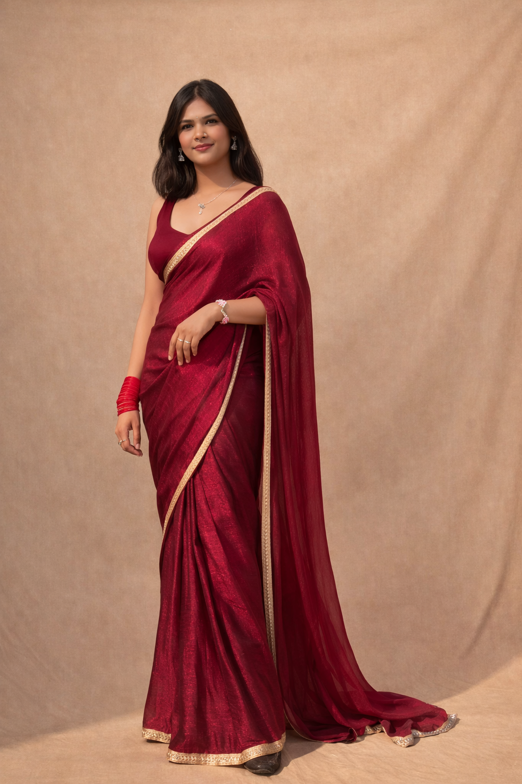 Ri Andru Maroon Chiffon Saree with Mirror Work Border