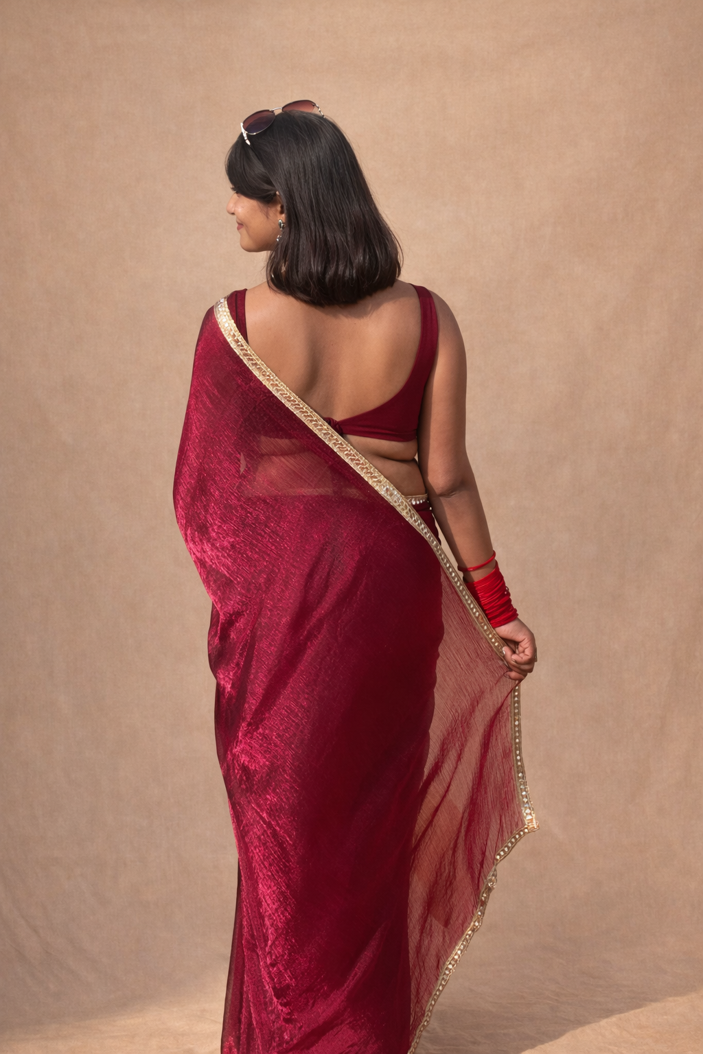 Ri Andru Maroon Chiffon Saree with Mirror Work Border
