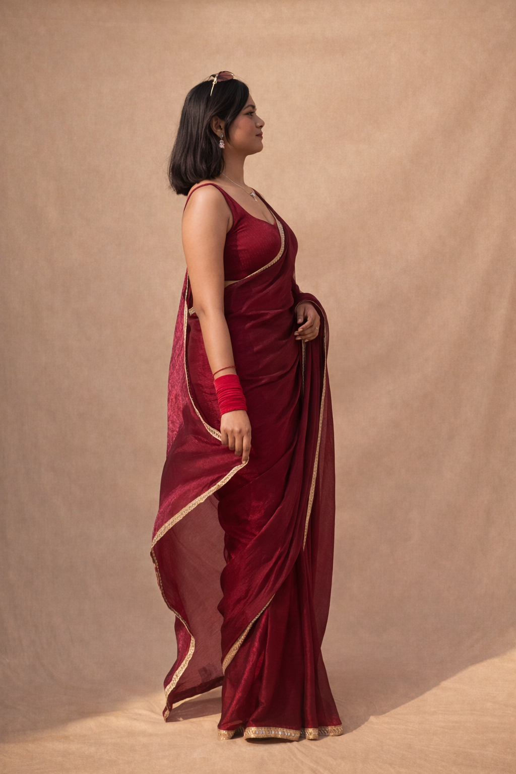 Ri Andru Maroon Chiffon Saree with Mirror Work Border
