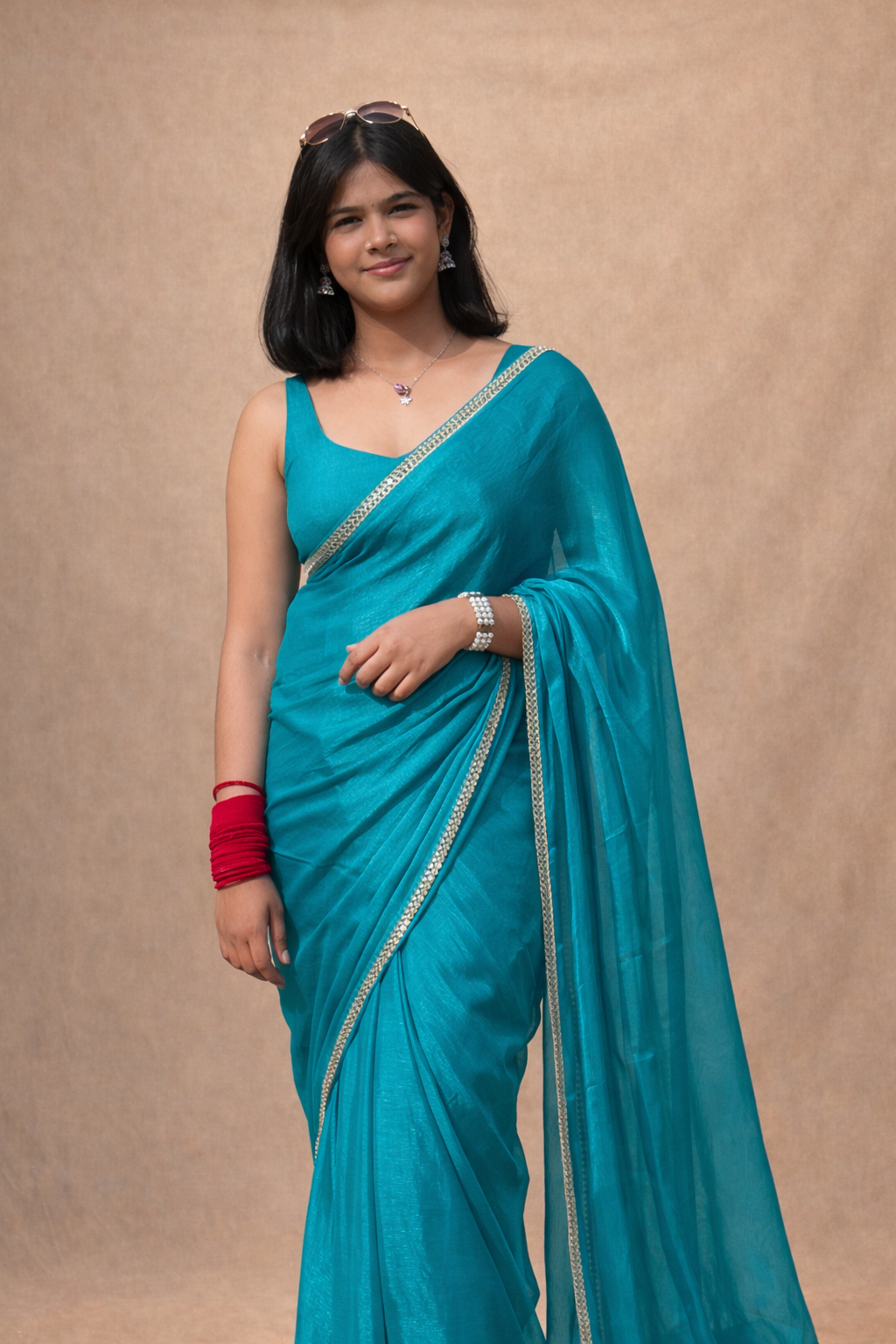 Ri AndRU Teal Blue Chiffon Saree with Mirror Work Border