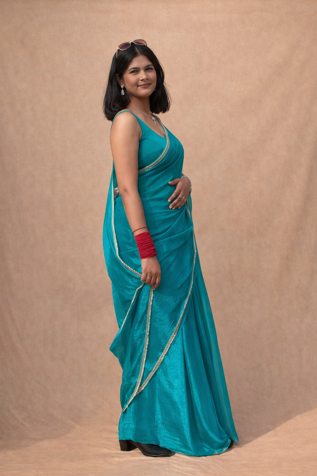 Ri AndRU Teal Blue Chiffon Saree with Mirror Work Border