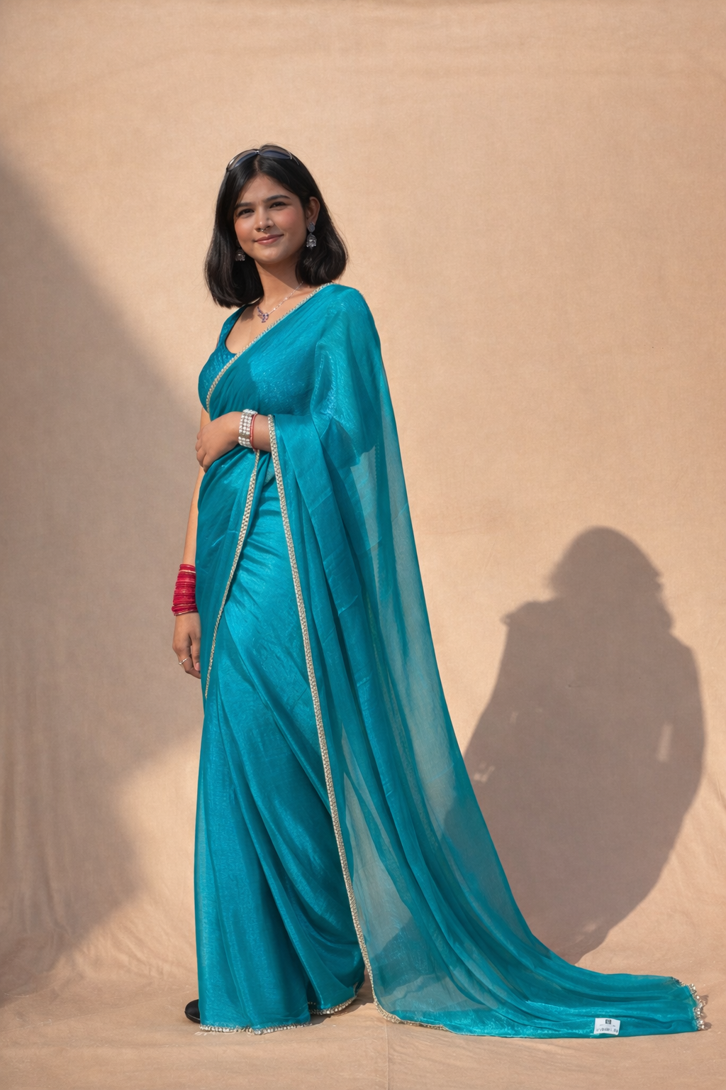 Ri AndRU Teal Blue Chiffon Saree with Mirror Work Border