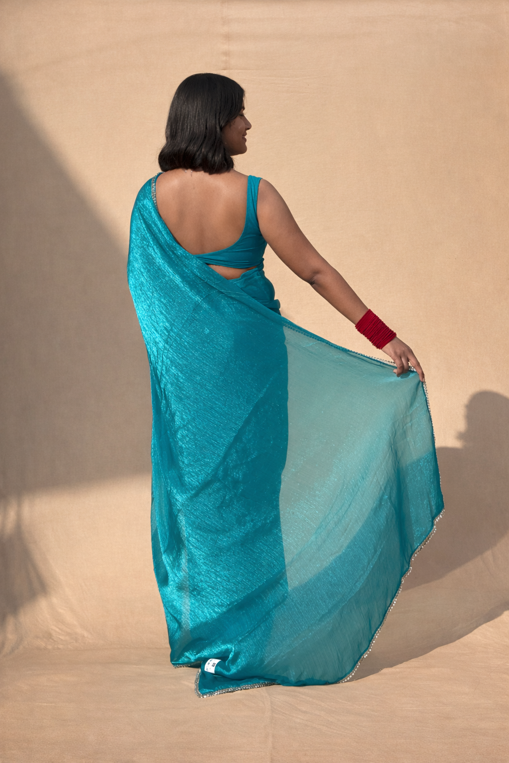 Ri AndRU Teal Blue Chiffon Saree with Mirror Work Border