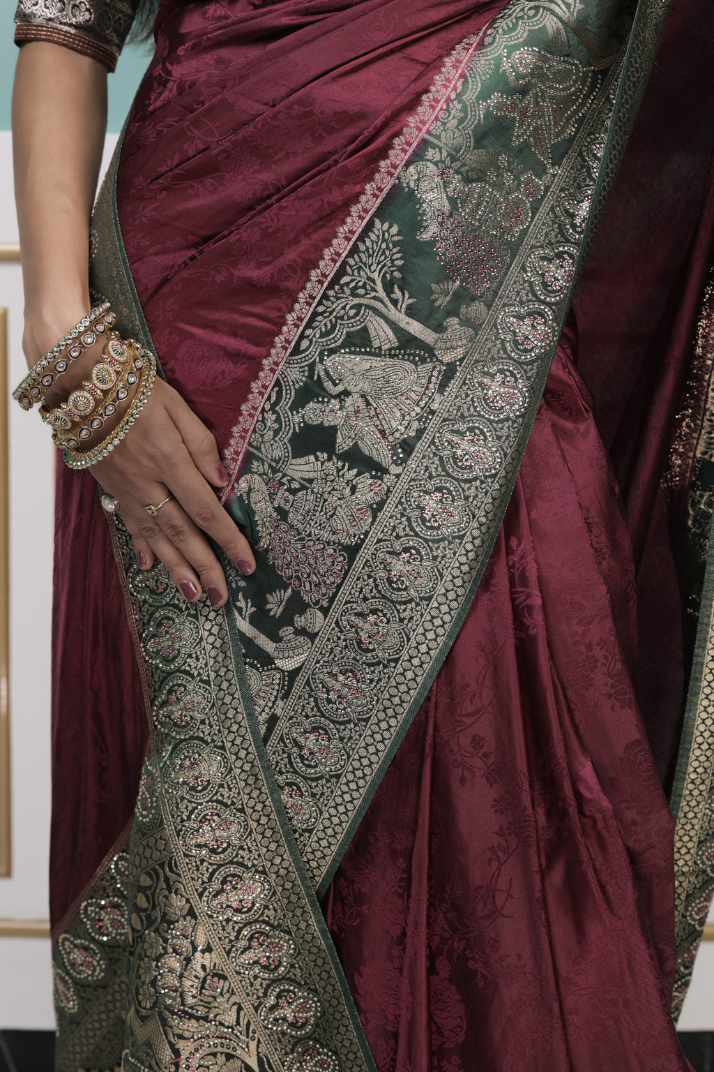 Maroon Silk Saree with Antique Gold Zari Border