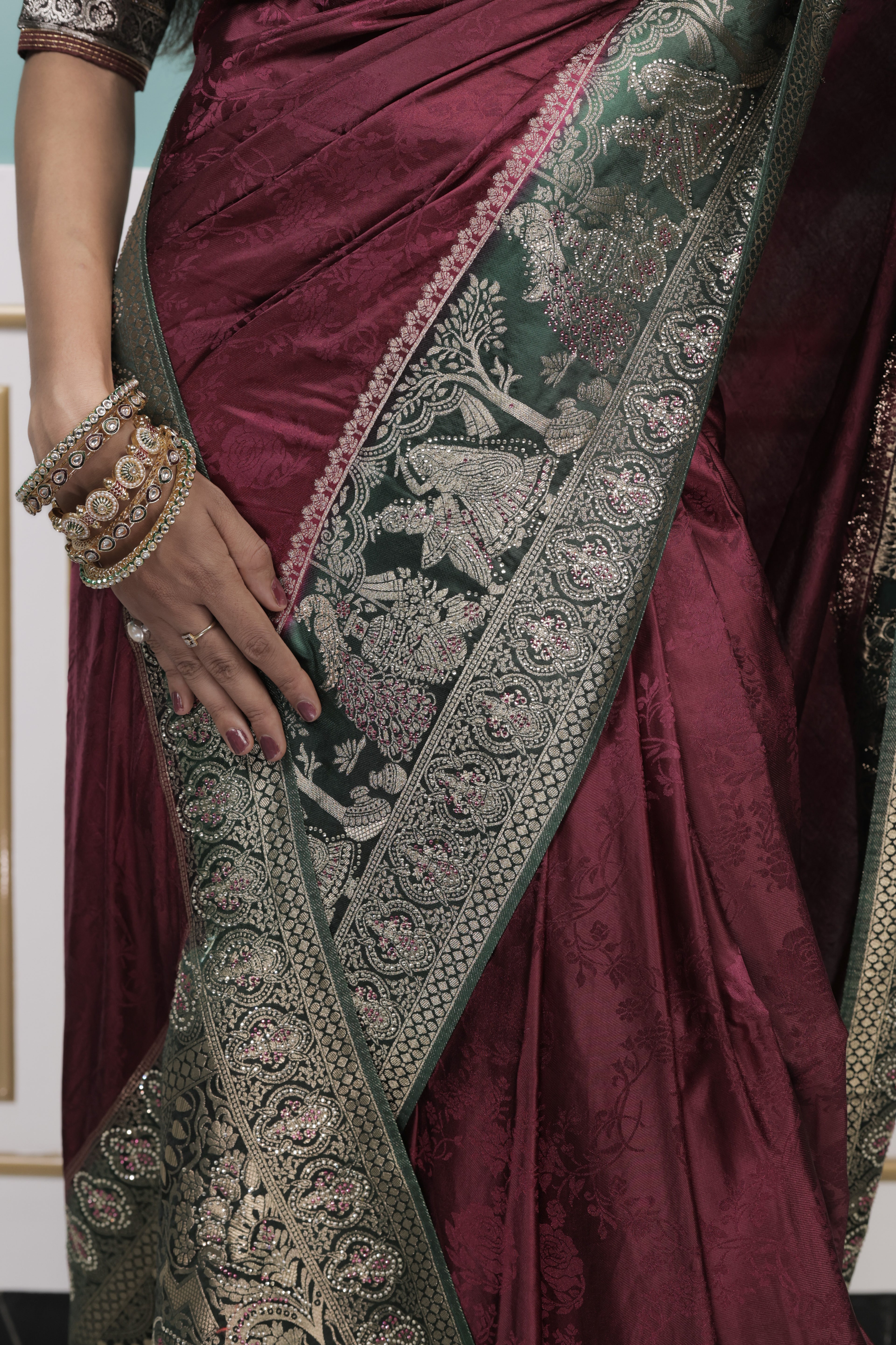 Maroon Silk Saree with Antique Gold Zari Border