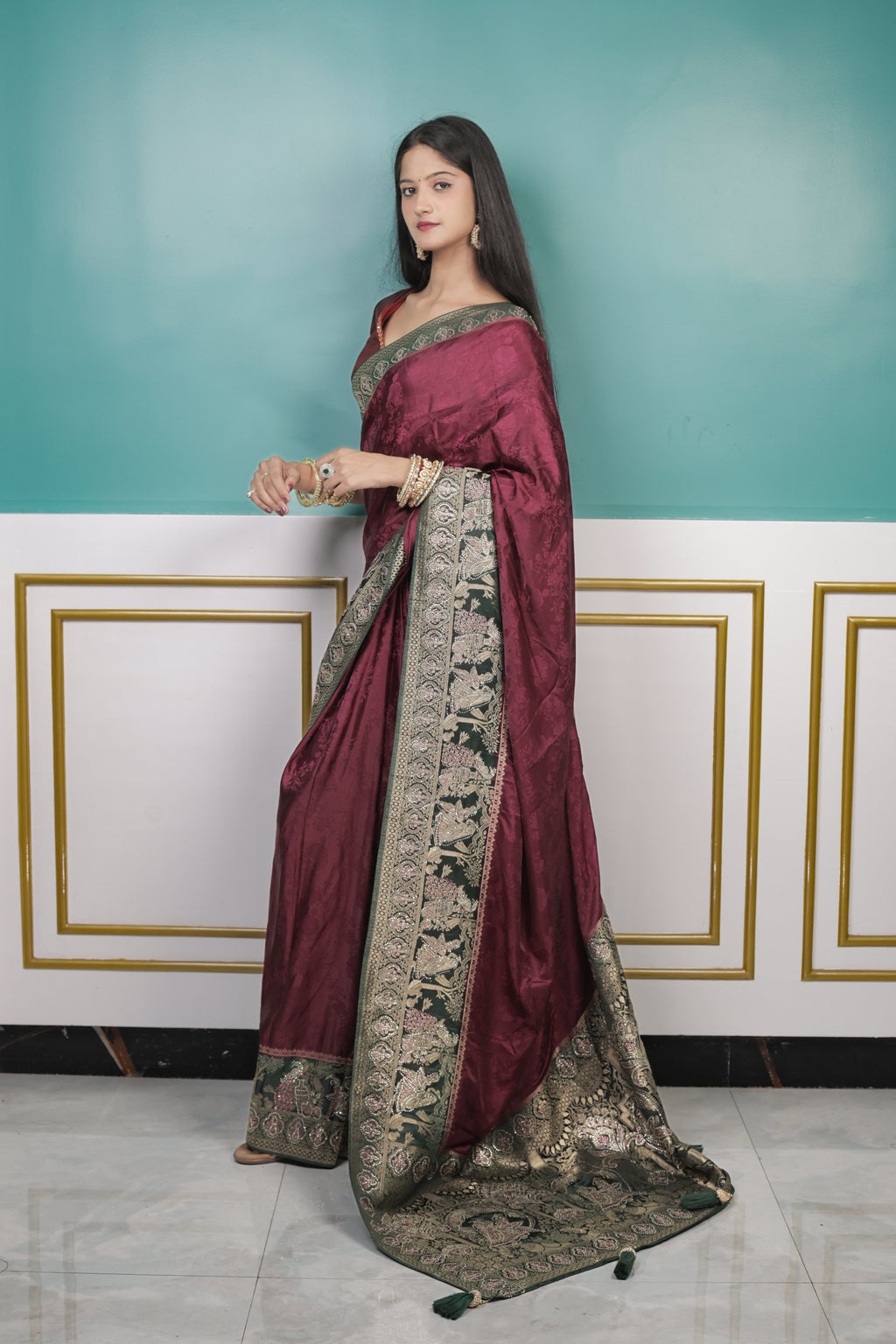 Maroon Silk Saree with Antique Gold Zari Border