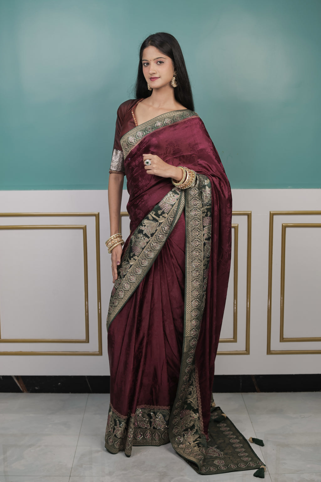 Maroon Silk Saree with Antique Gold Zari Border