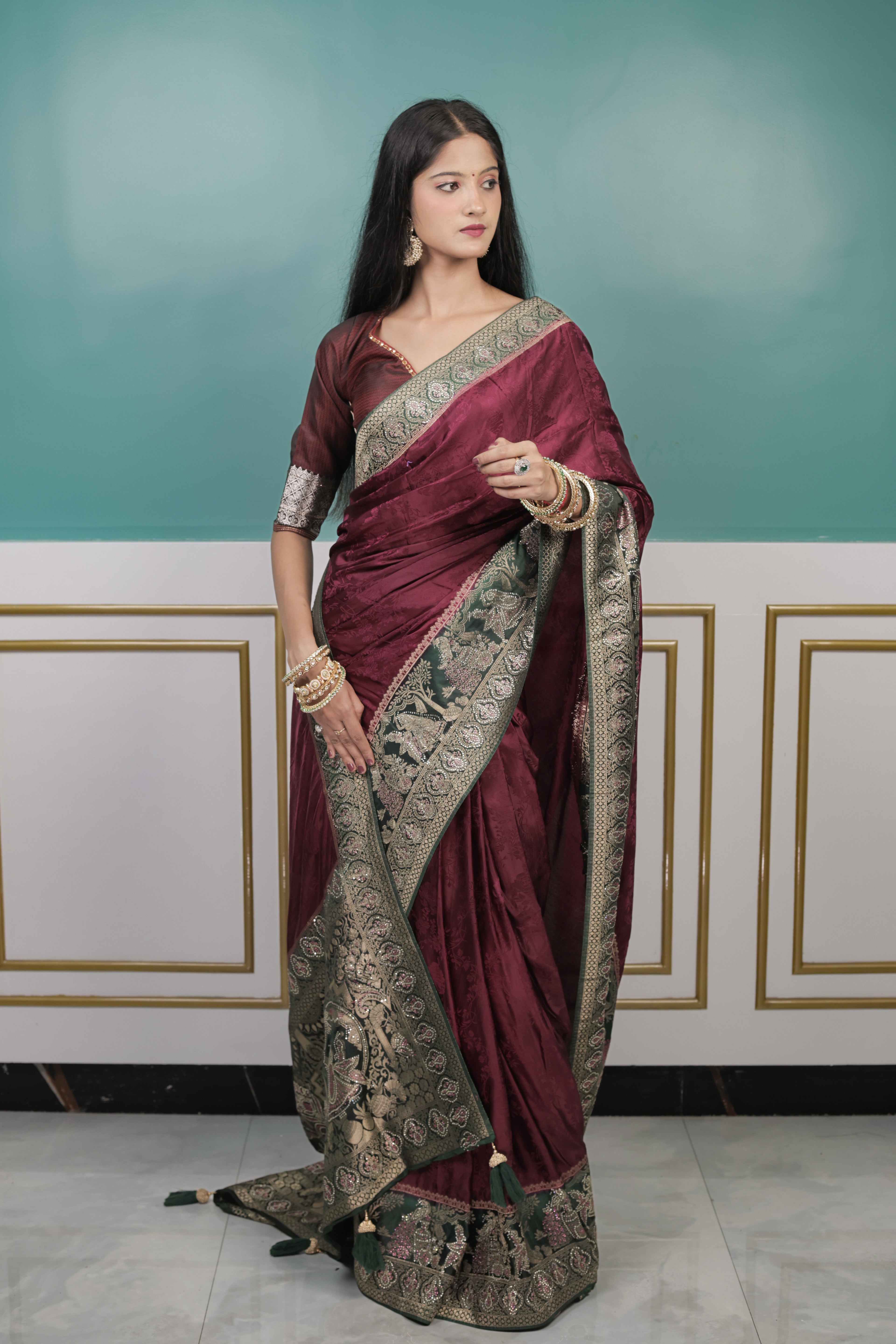 Maroon Silk Saree with Antique Gold Zari Border