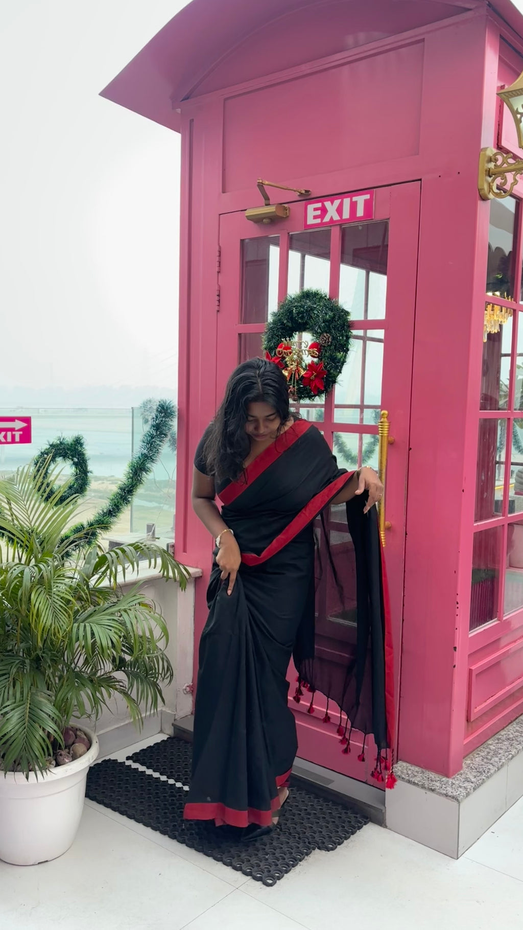 Black Mal Cotton Saree with Contrast Red Border