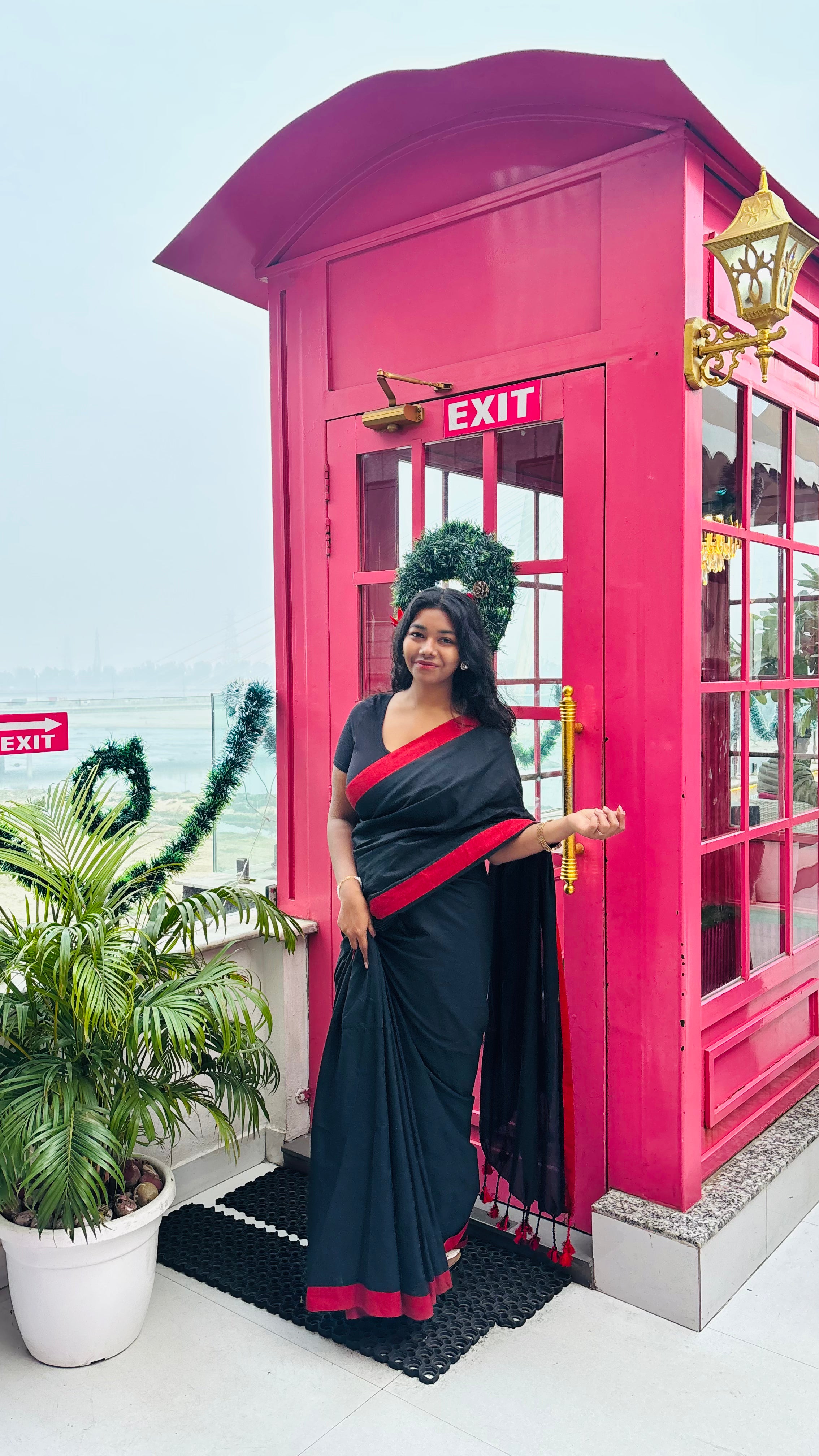 Black Mal Cotton Saree with Contrast Red Border