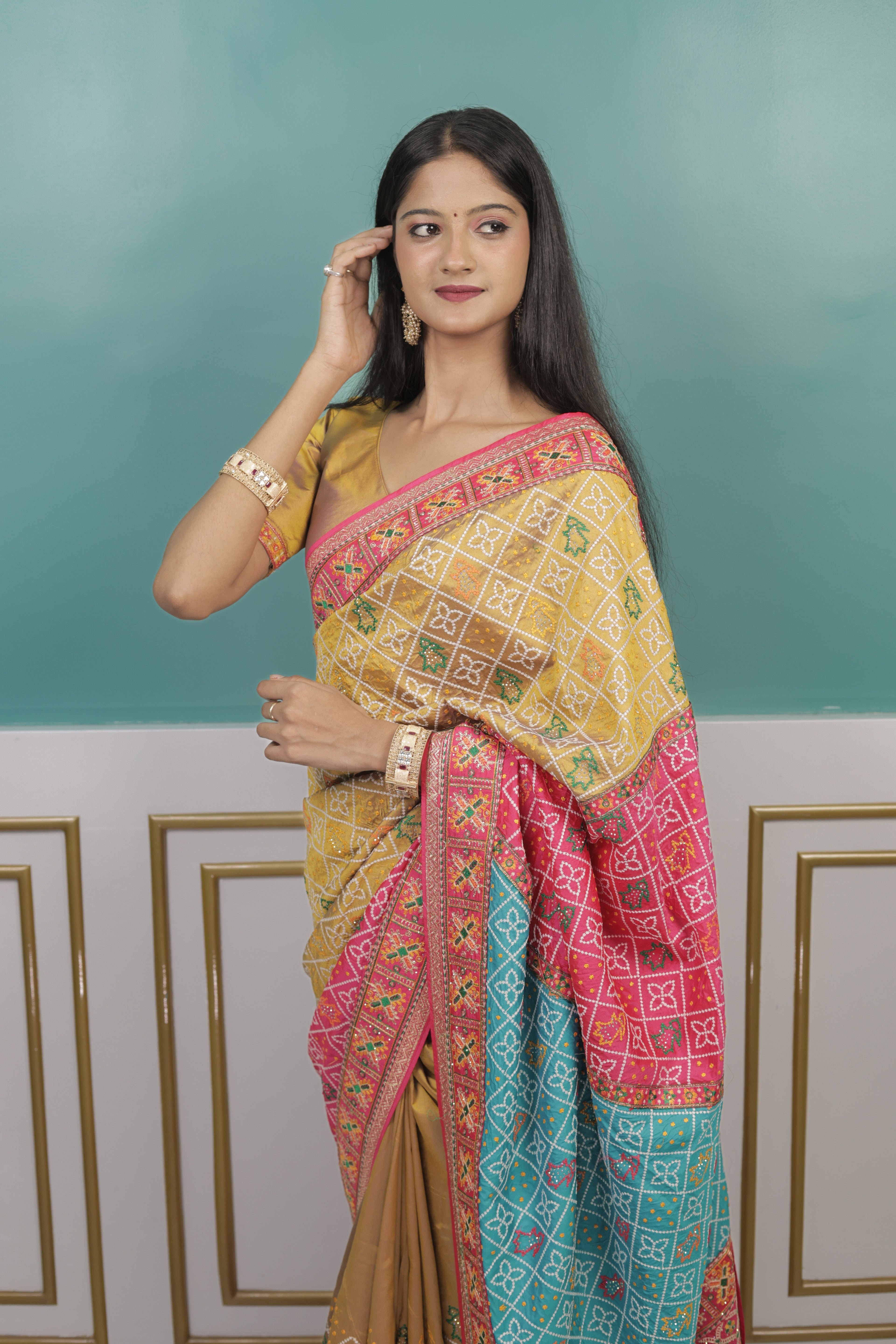 Rajasthani Bandhani Saree with Light Resham Work & Stitched Blouse