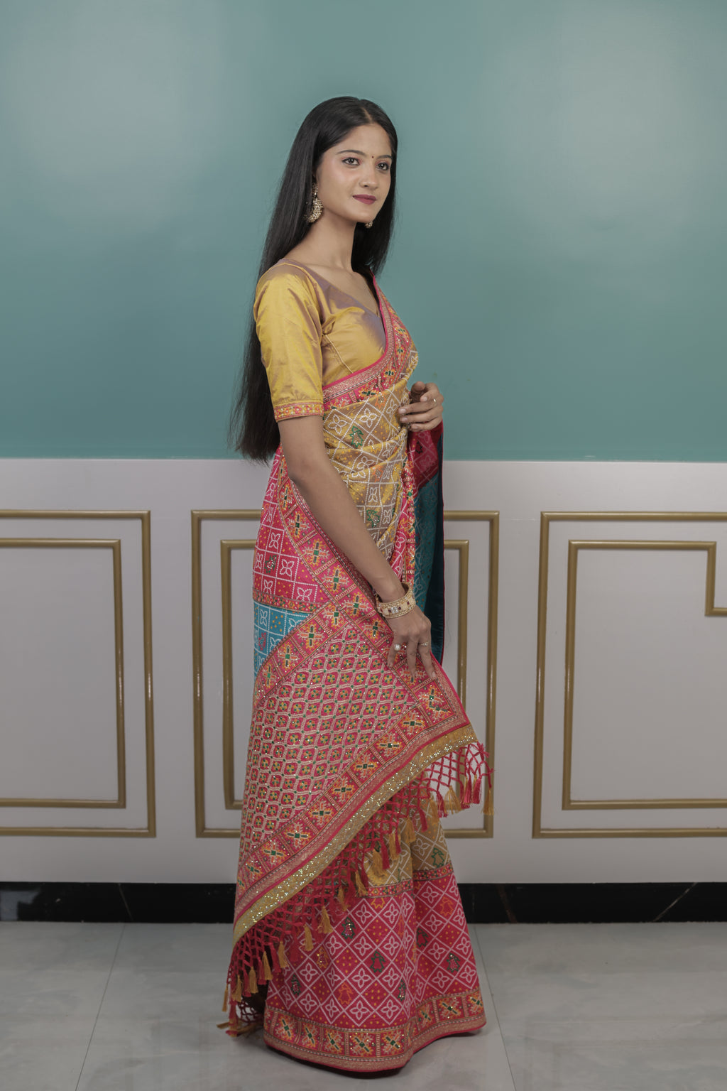 Rajasthani Bandhani Saree with Light Resham Work & Stitched Blouse