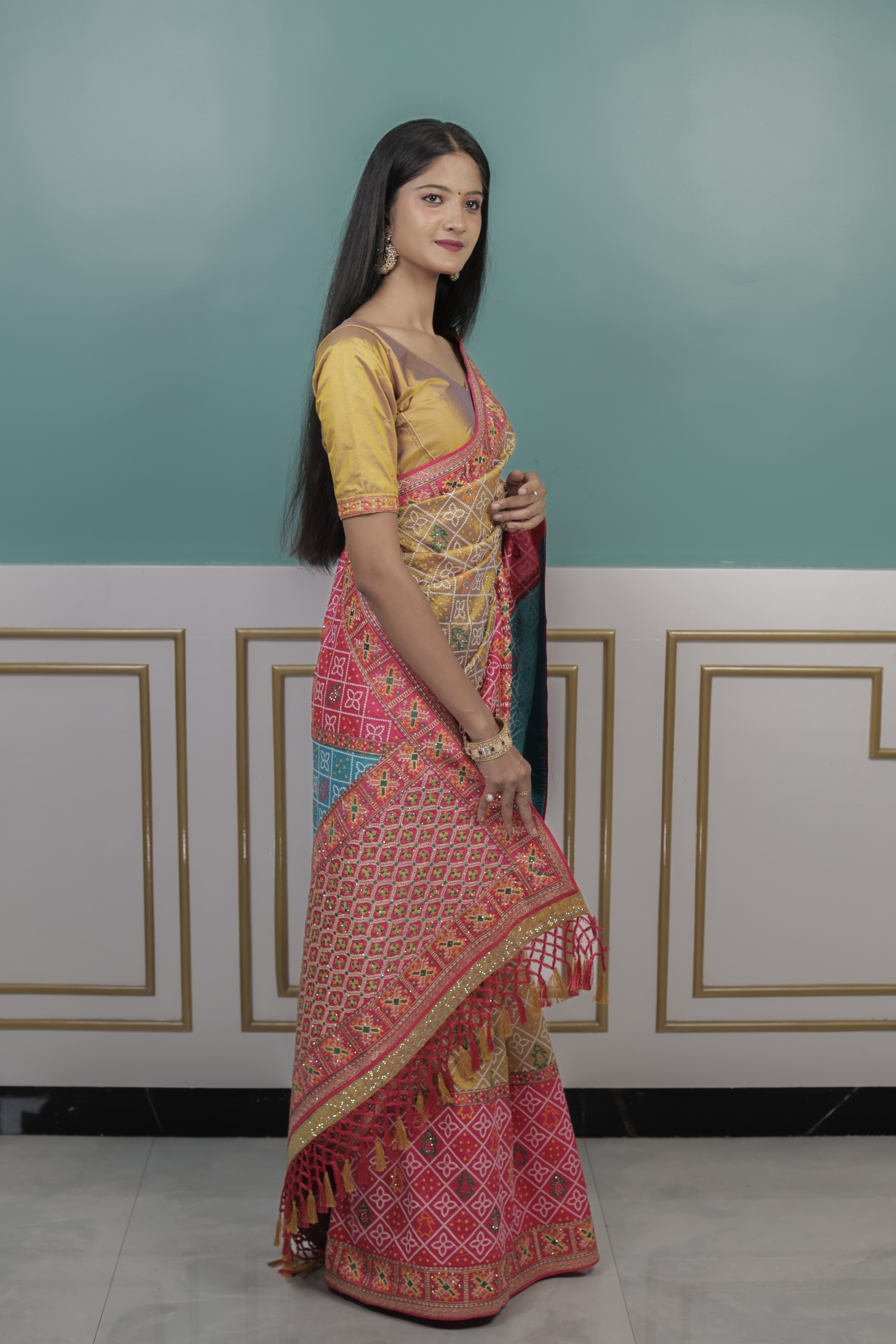 Rajasthani Bandhani Saree with Light Resham Work & Stitched Blouse