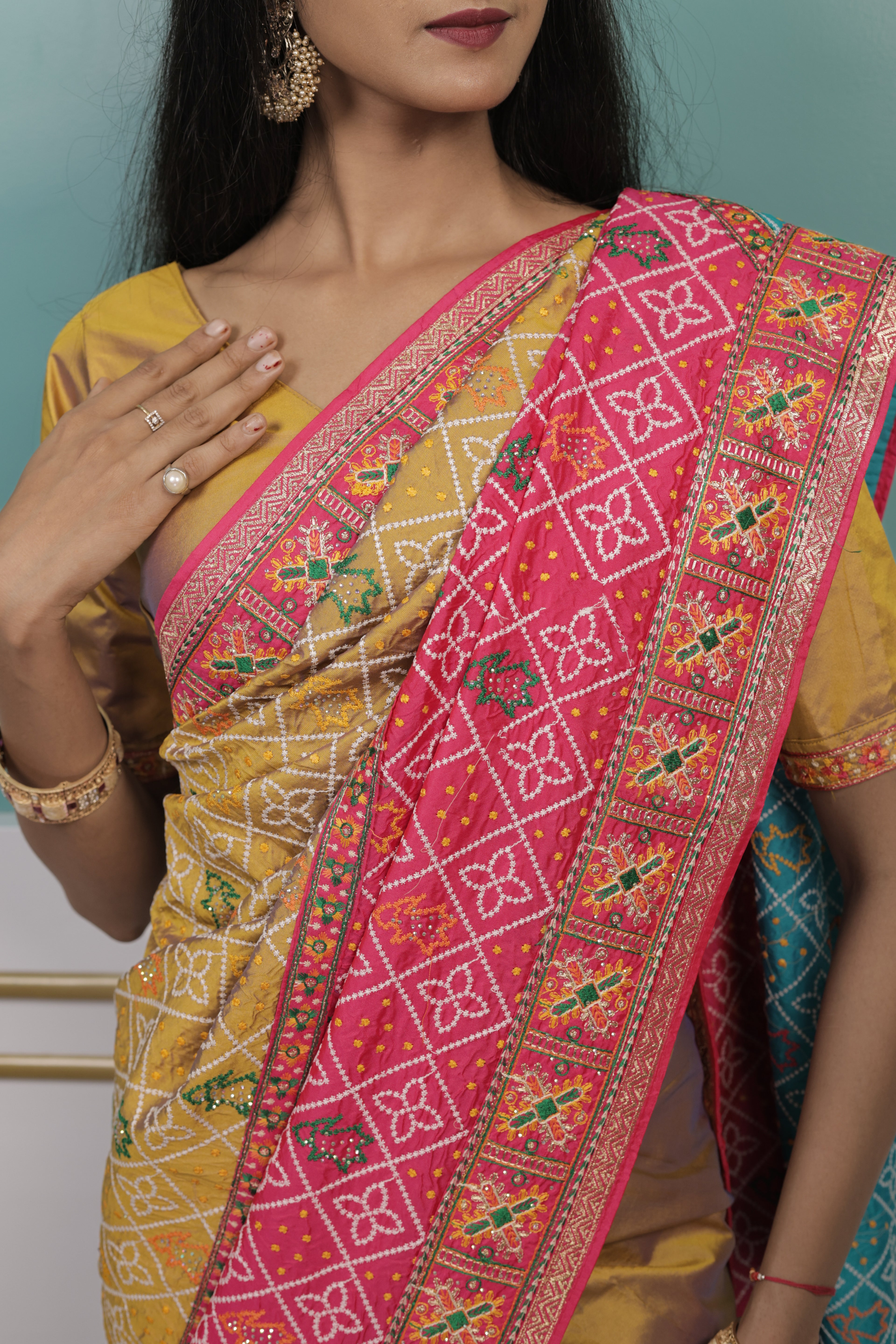 Rajasthani Bandhani Saree with Light Resham Work & Stitched Blouse