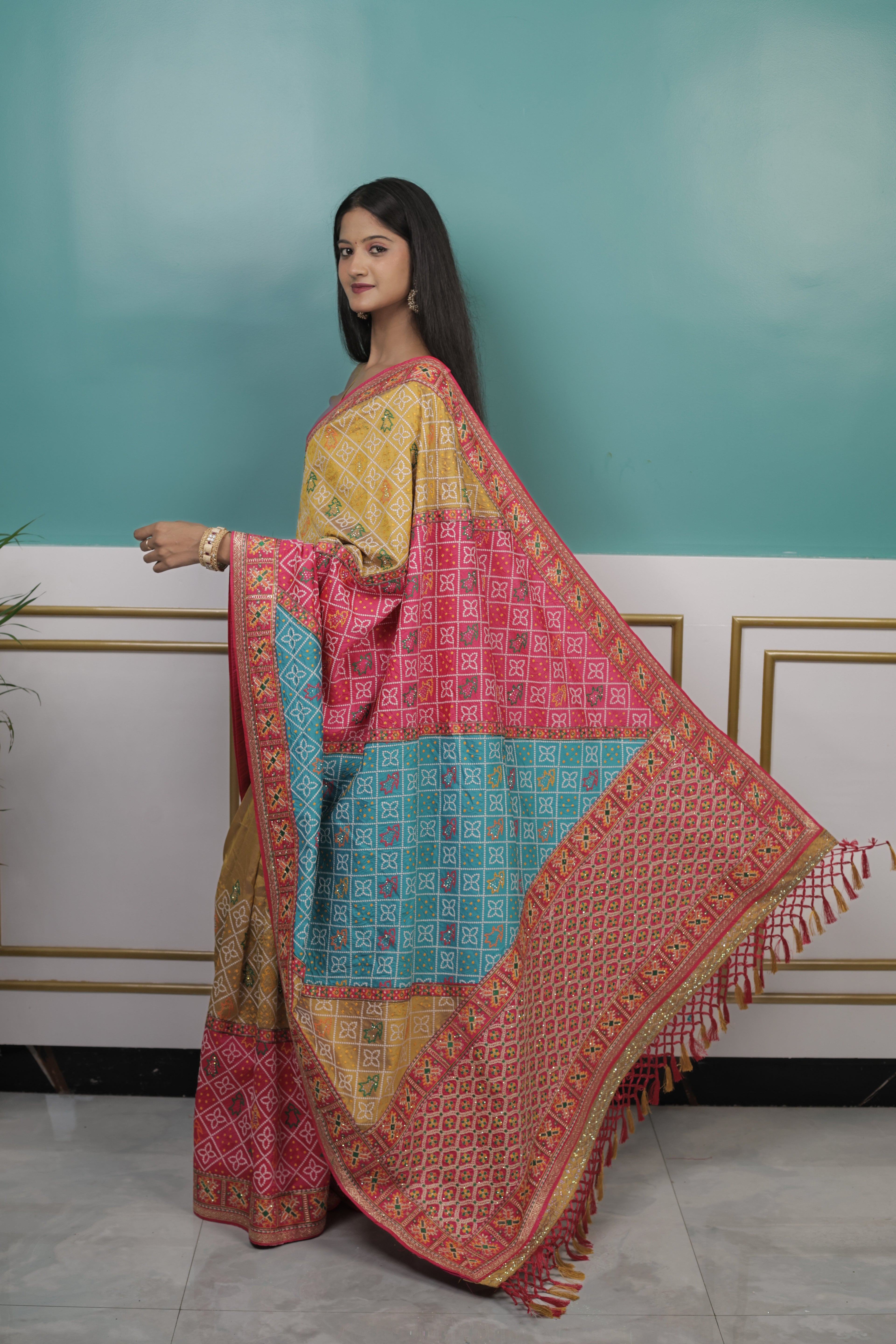 Rajasthani Bandhani Saree with Light Resham Work & Stitched Blouse