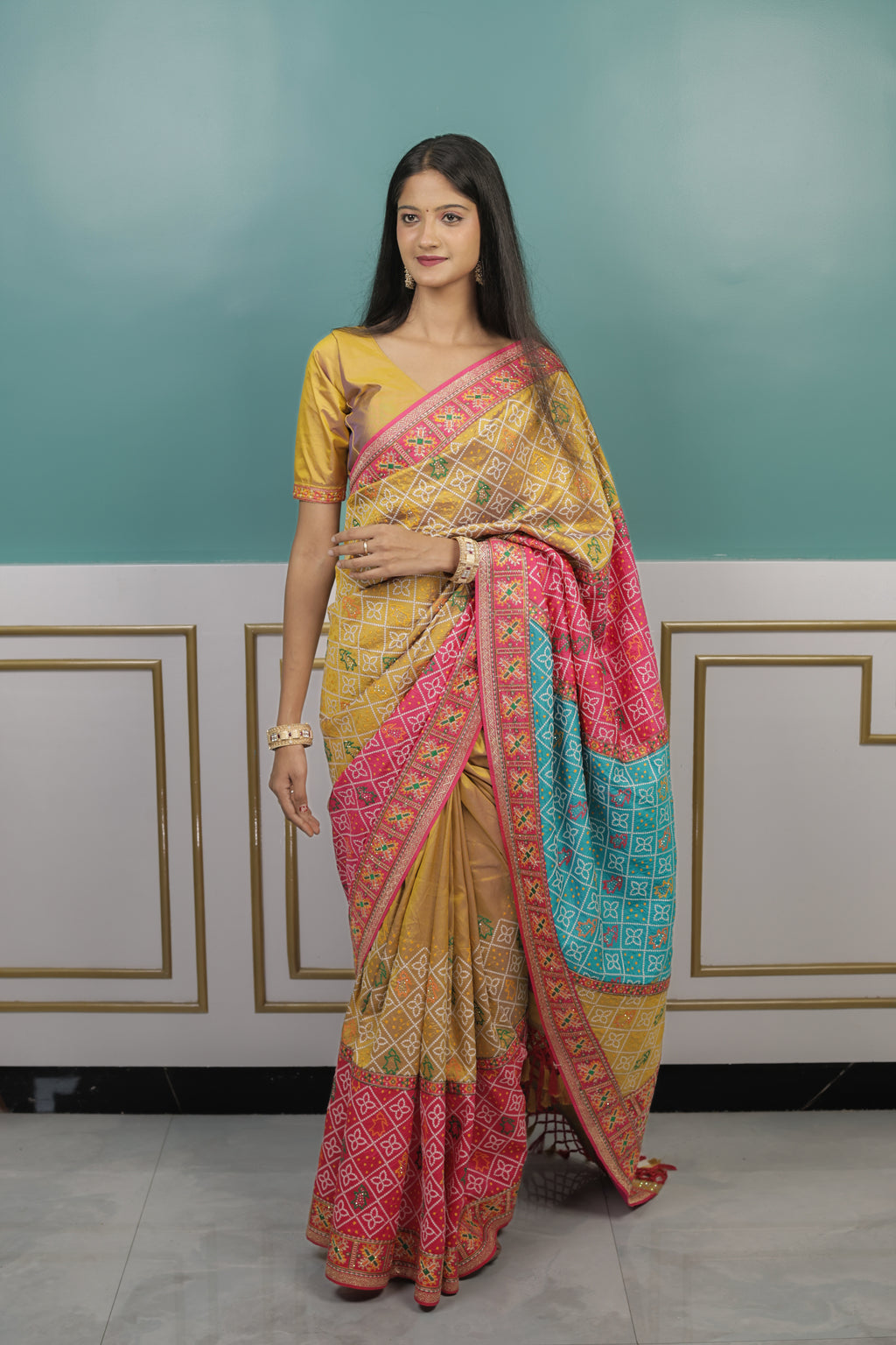 Rajasthani Bandhani Saree with Light Resham Work & Stitched Blouse