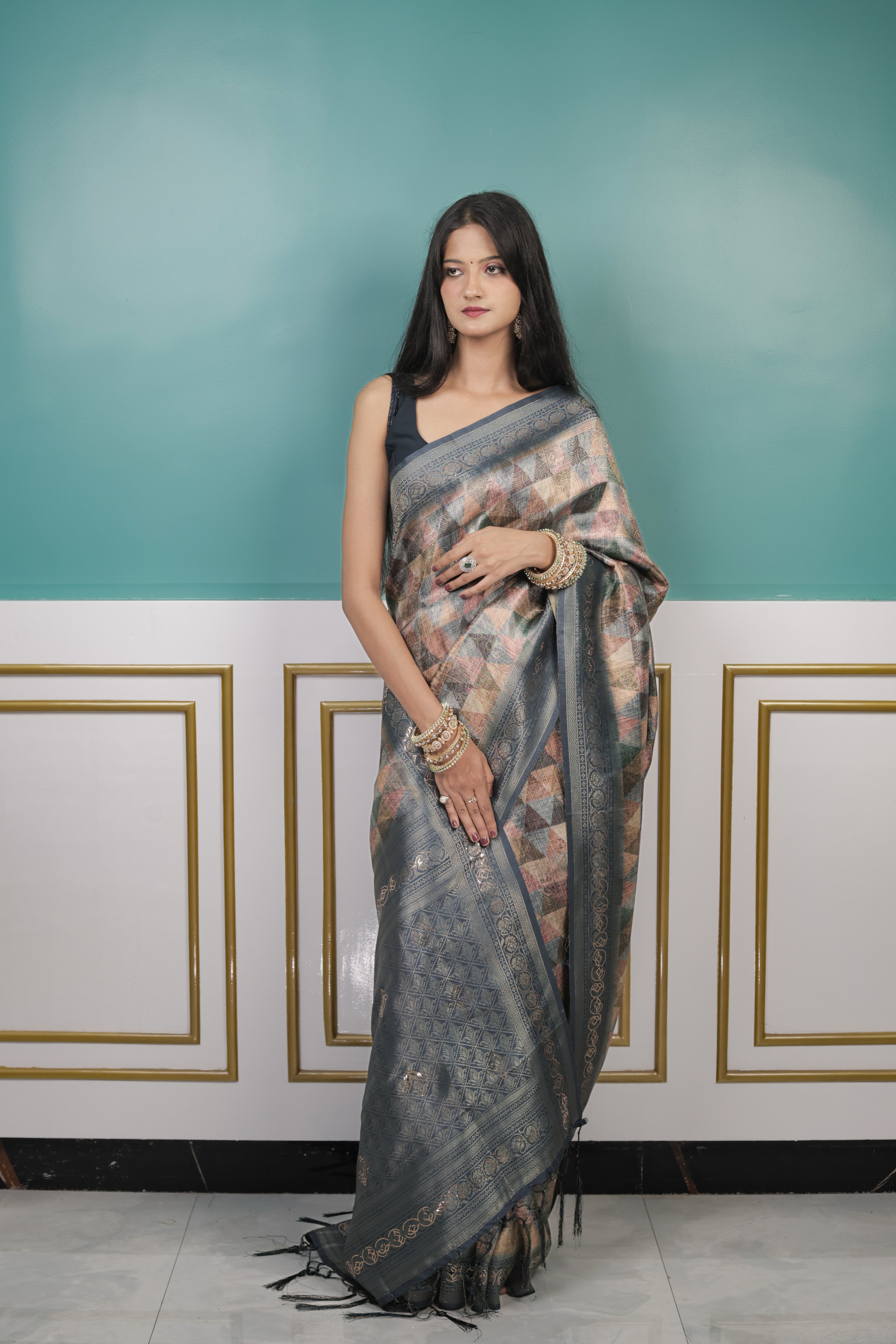 Elegant Handwoven Cotton Silk Saree with Geometric Pattern & Woven Border