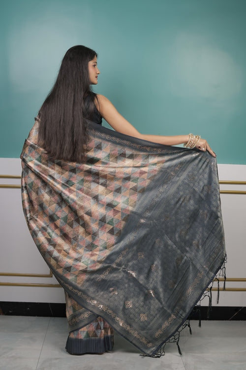 Elegant Handwoven Cotton Silk Saree with Geometric Pattern & Woven Border