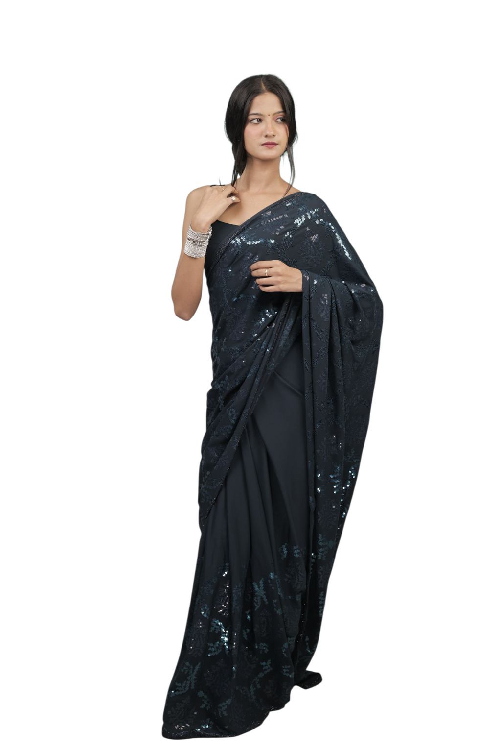 Elegant Rama Green Sequin Saree with Soft Shimmer Finish