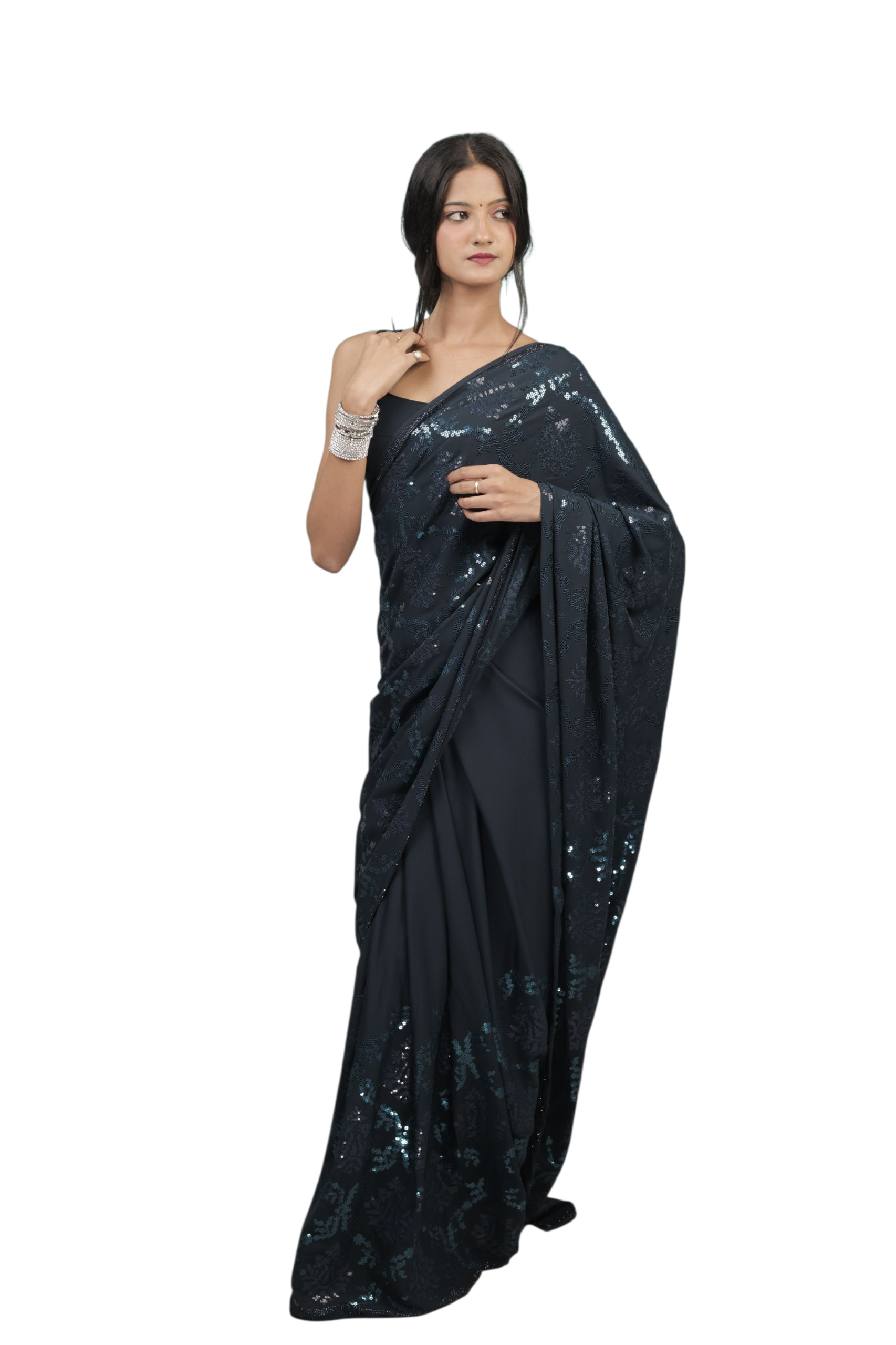 Elegant Rama Green Sequin Saree with Soft Shimmer Finish