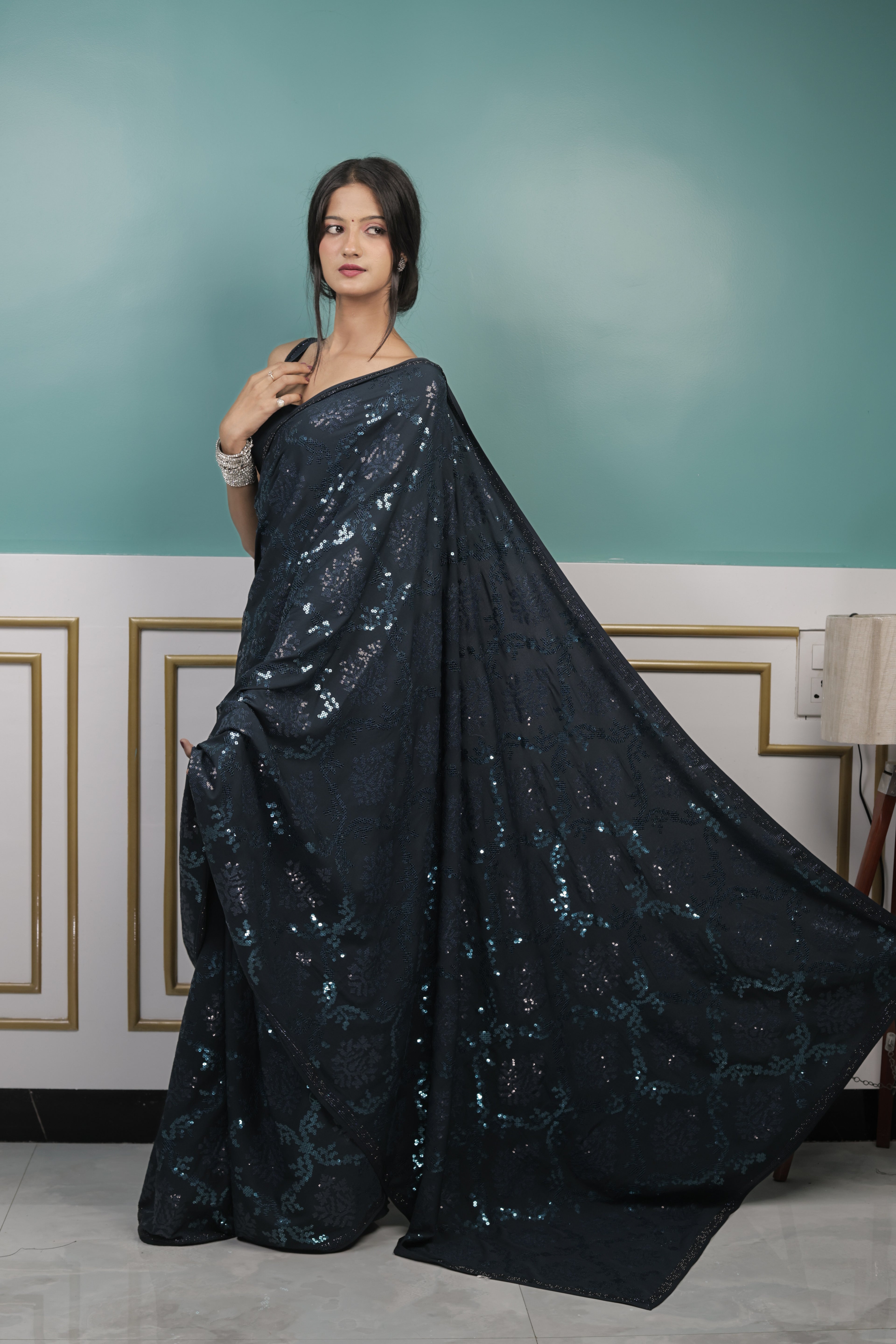 Elegant Rama Green Sequin Saree with Soft Shimmer Finish