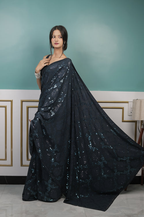 Elegant Rama Green Sequin Saree with Soft Shimmer Finish