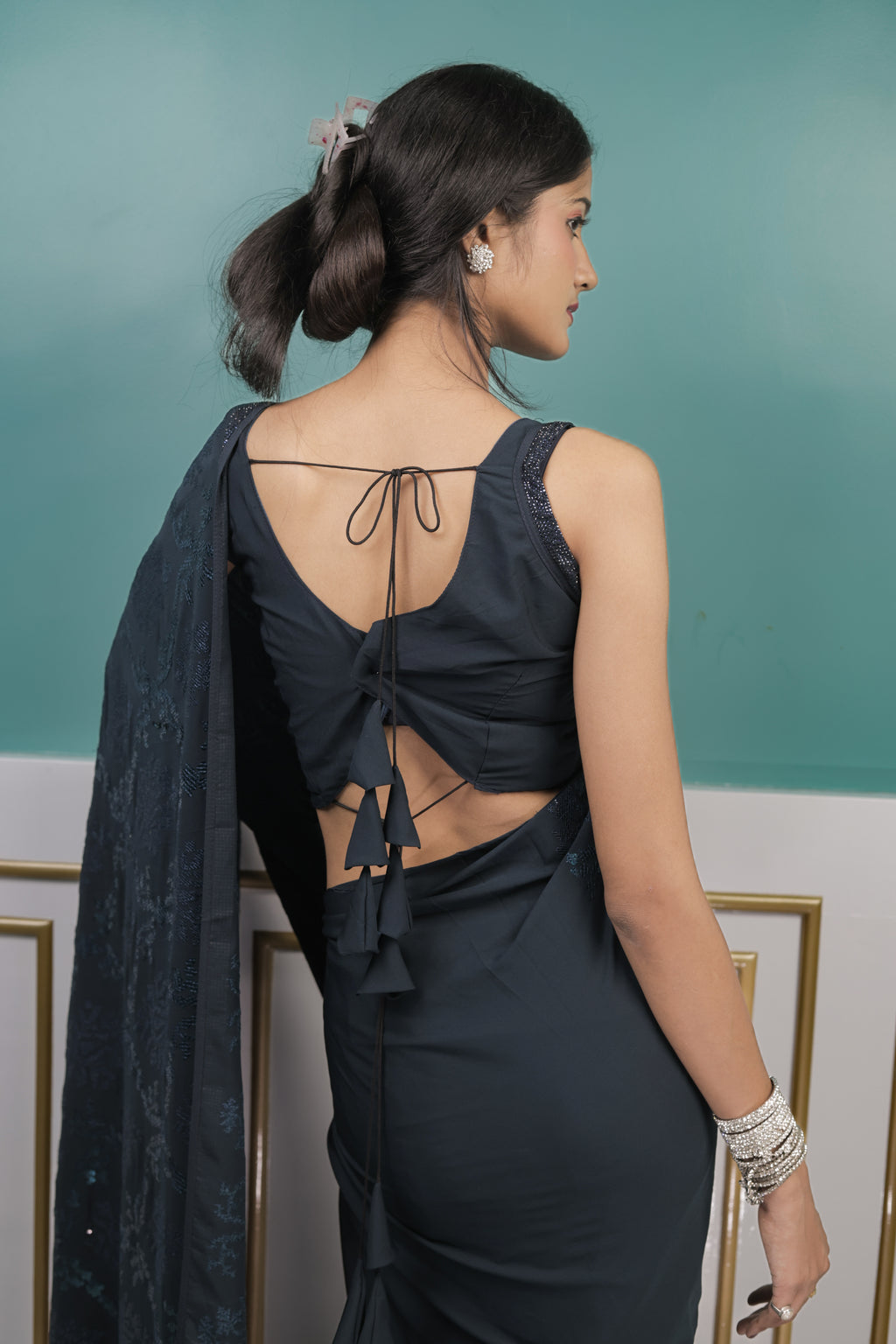 Elegant Rama Green Sequin Saree with Soft Shimmer Finish