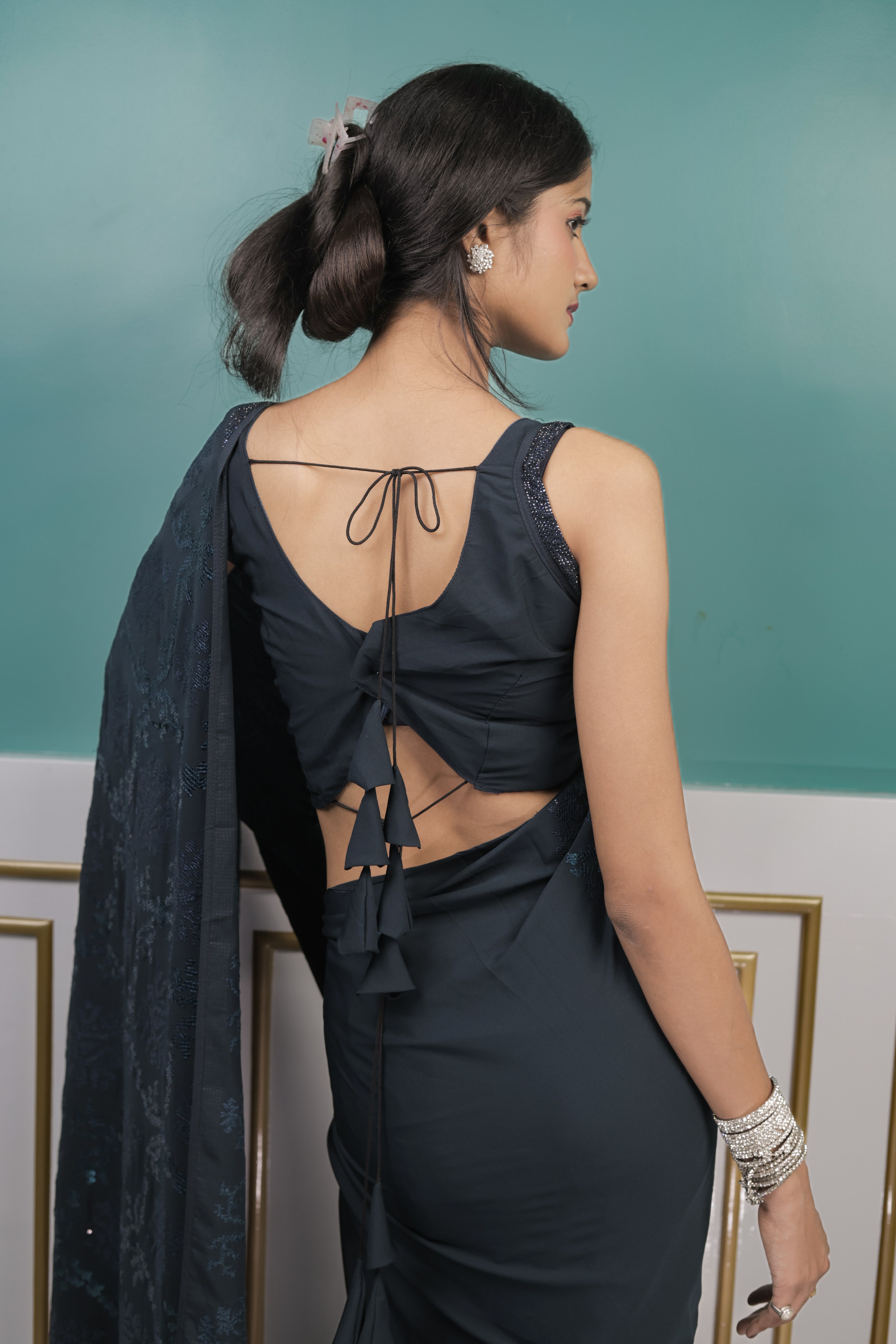 Elegant Rama Green Sequin Saree with Soft Shimmer Finish