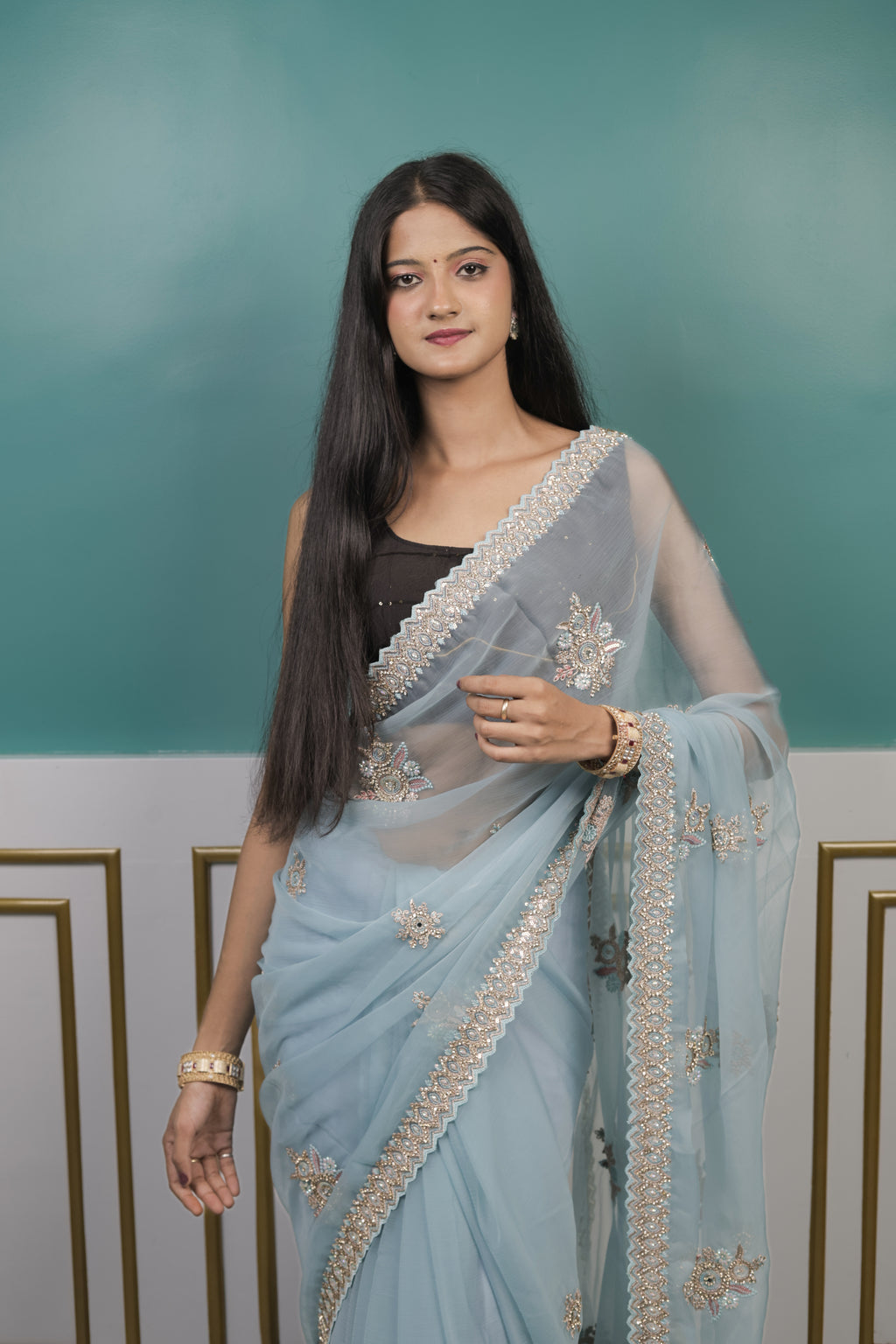Sky Blue Chiffon Saree with Zari Thread Work