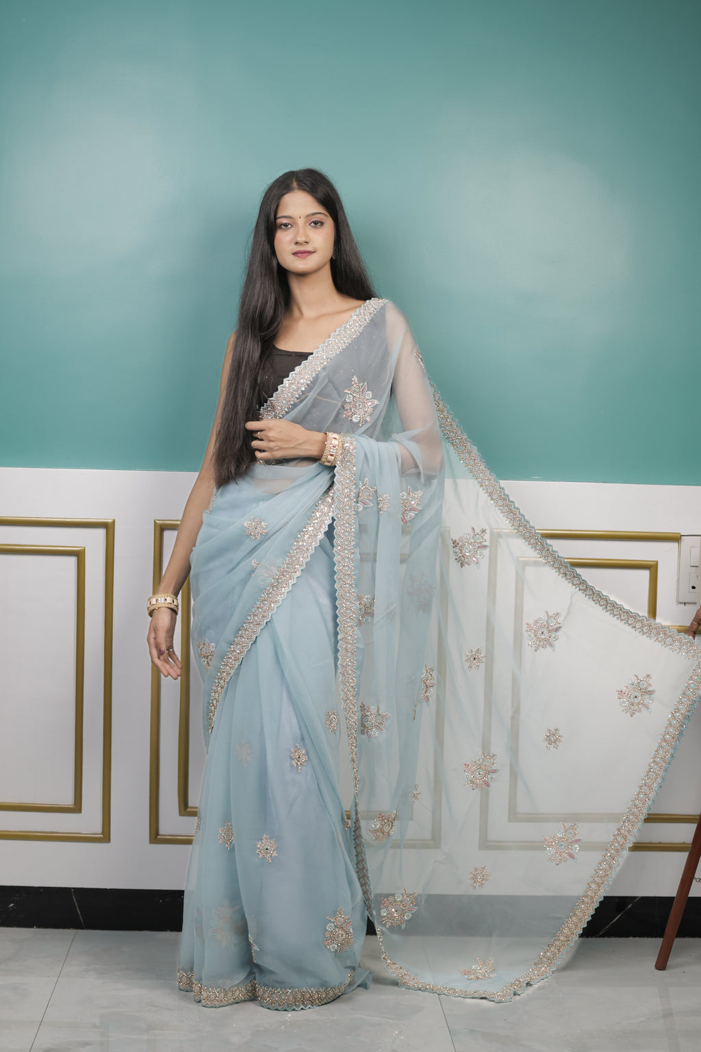 Sky Blue Chiffon Saree with Zari Thread Work