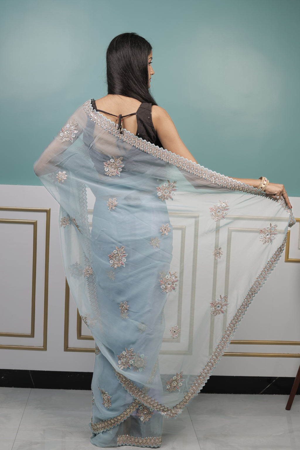 Sky Blue Chiffon Saree with Zari Thread Work