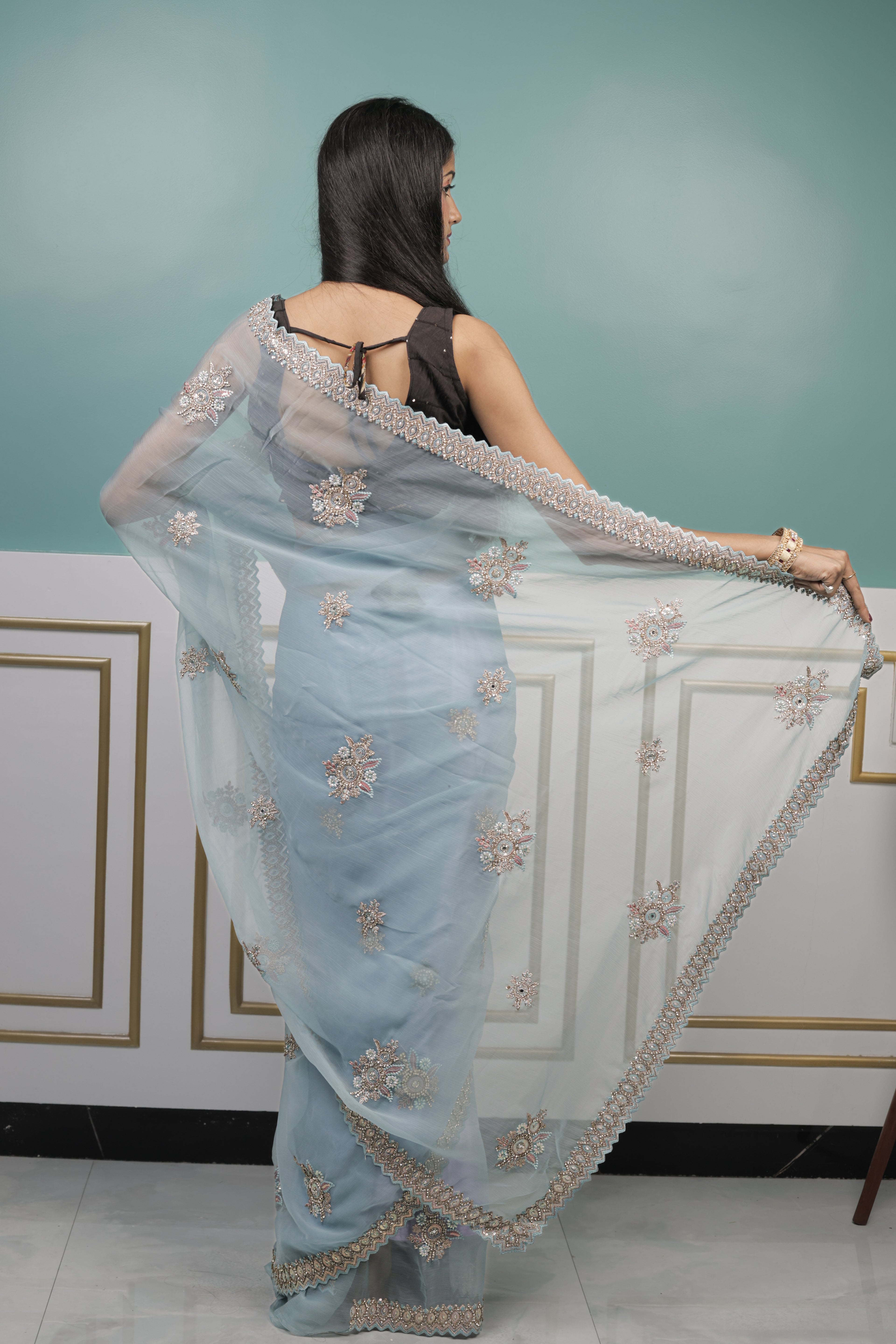 Sky Blue Chiffon Saree with Zari Thread Work