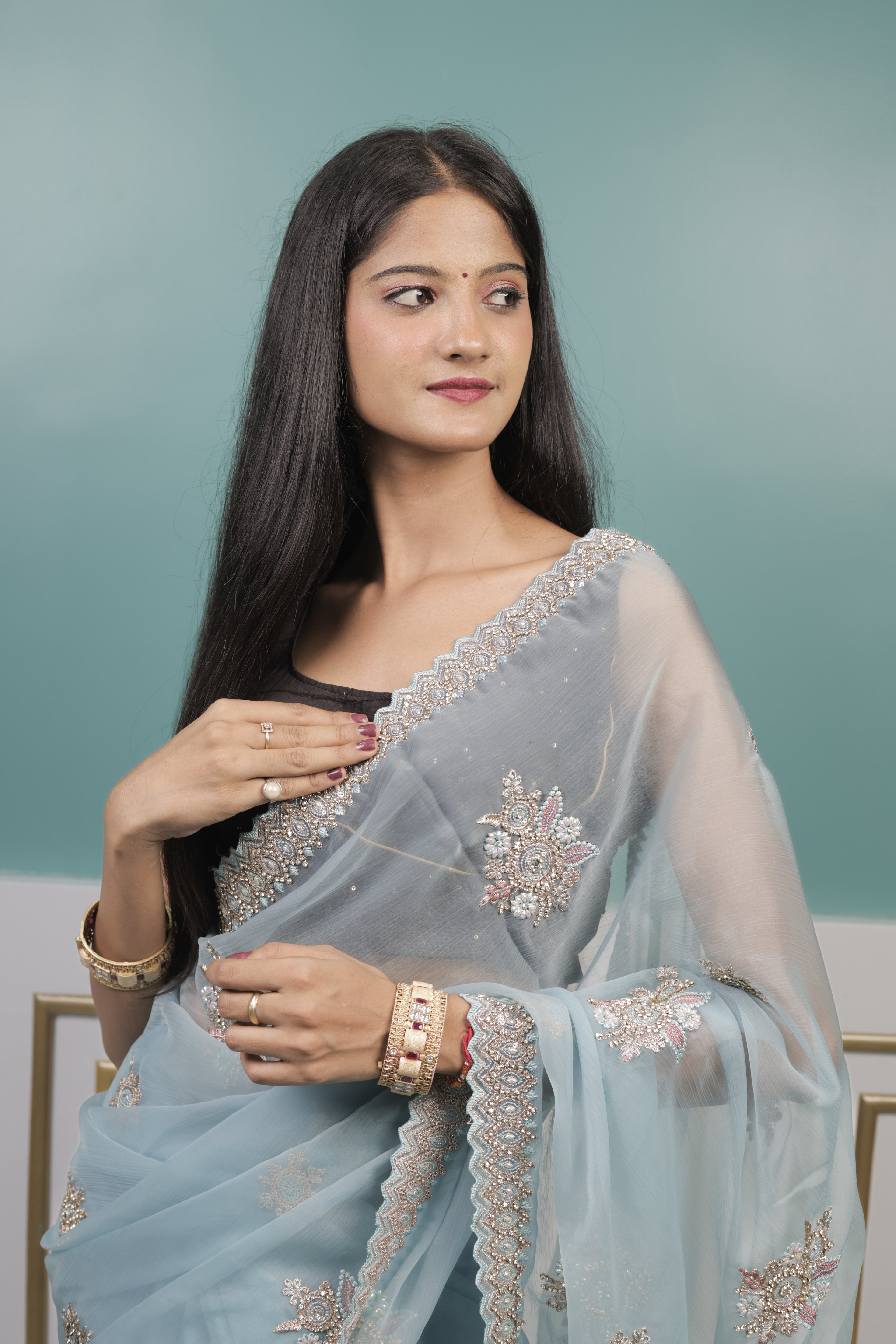 Sky Blue Chiffon Saree with Zari Thread Work