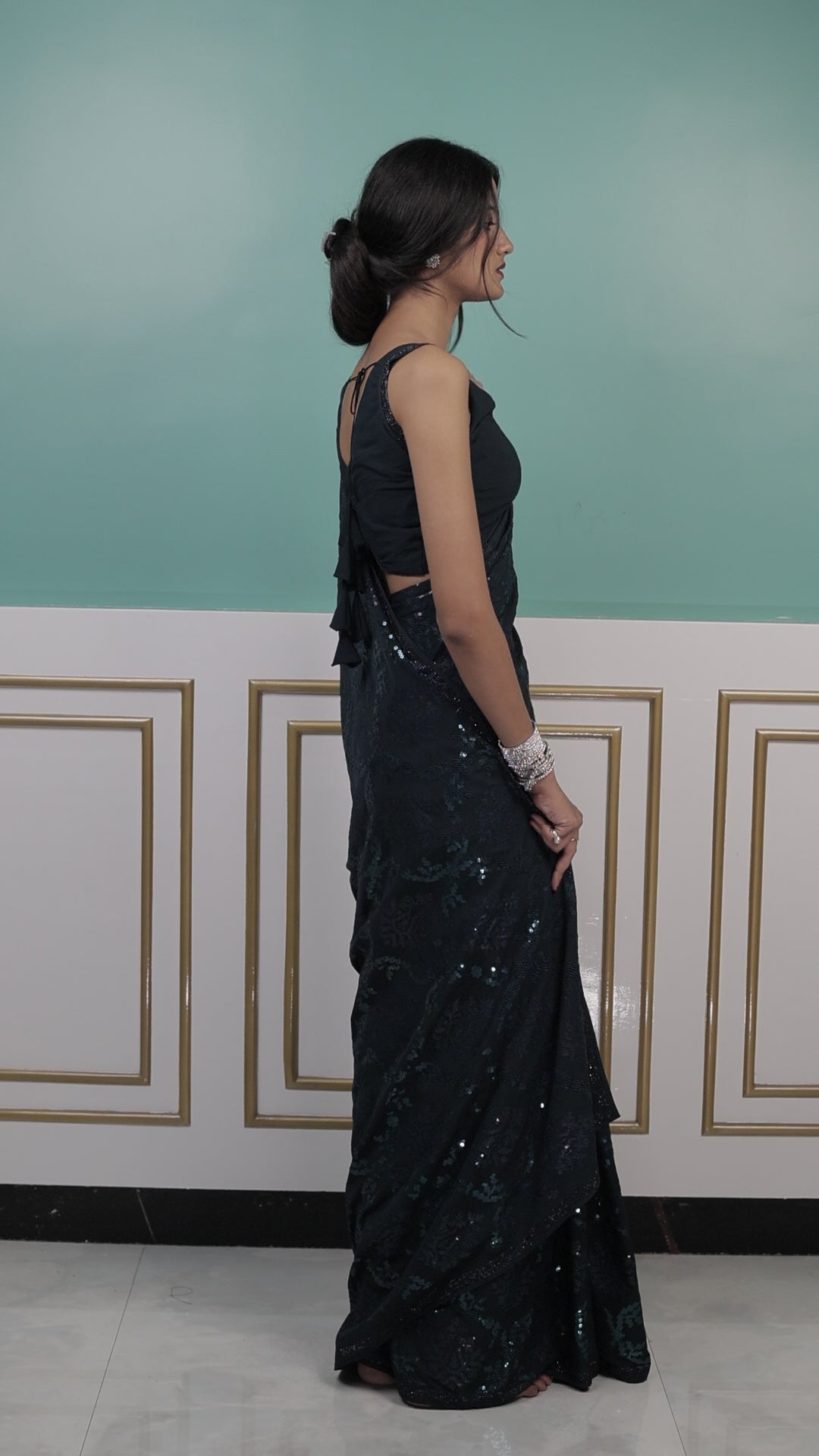 Elegant Rama Green Sequin Saree with Soft Shimmer Finish