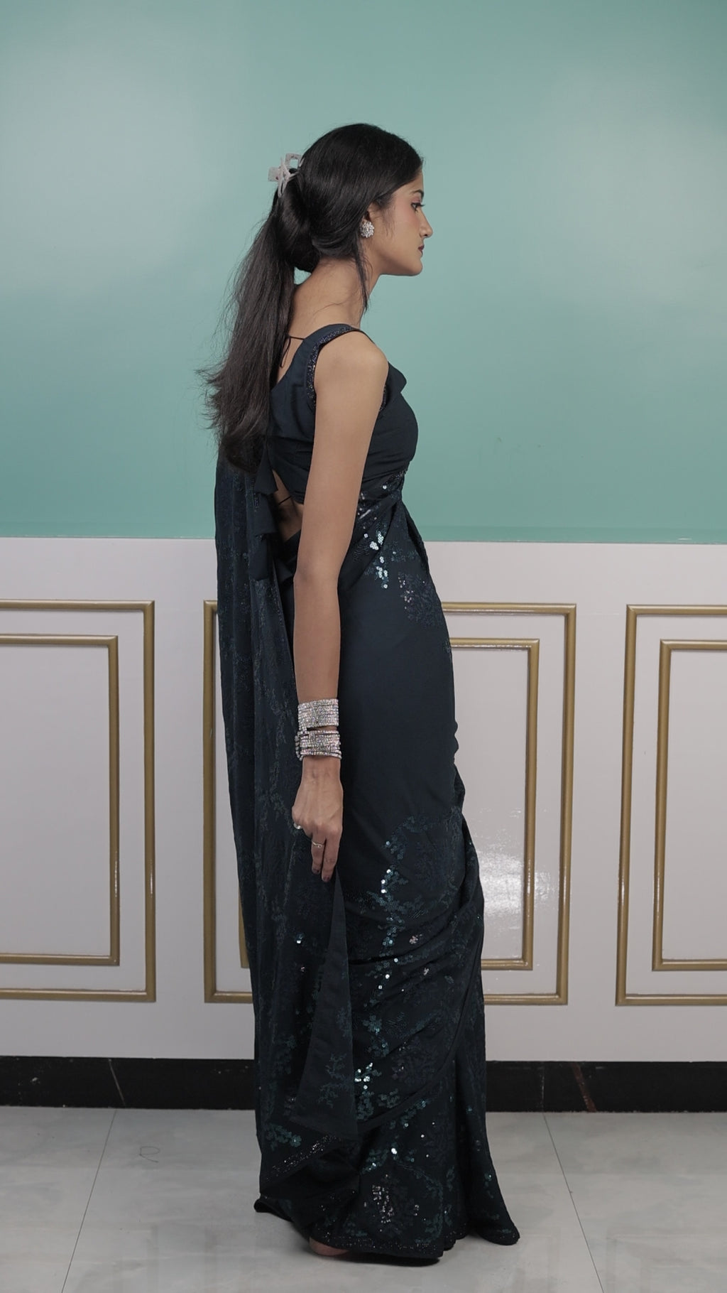 Elegant Rama Green Sequin Saree with Soft Shimmer Finish