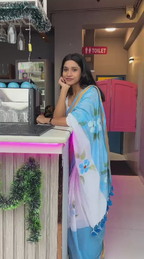 White & Blue Floral Pure Mal Cotton Saree