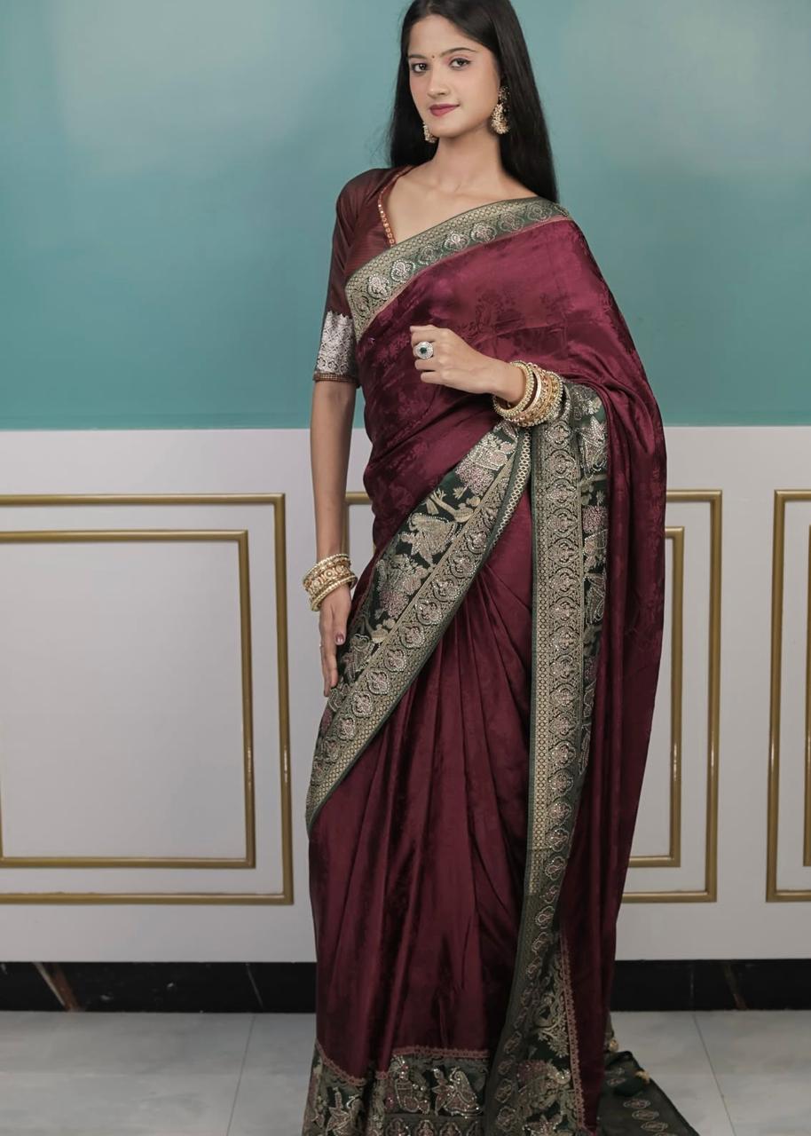 Maroon Silk Saree with Antique Gold Zari Border