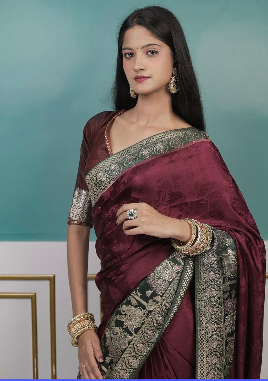 Maroon Silk Saree with Antique Gold Zari Border